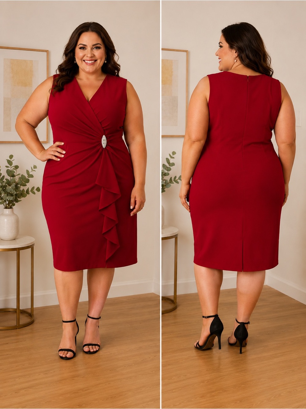 JH Evenings Red Cocktail Dress Size 18 Rhinestone Brooch Ruched Midi